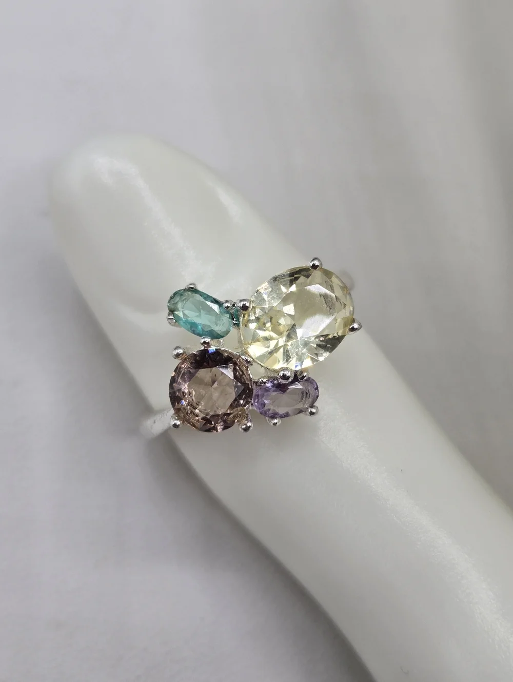 Swarovski Crystal Elements Silver Statement Ring Blue Purple Yellow Size 7.5 - Picture 1 of 7